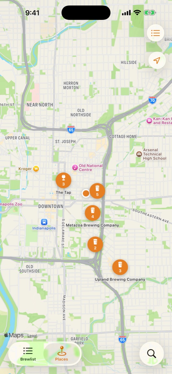 WhichCraft's Places map, with pins for the bars and breweries you've visited.